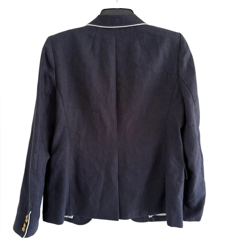J. Crew Dark Blue linen Blazer with white piping and Gold button Accents - Picture 5 of 9